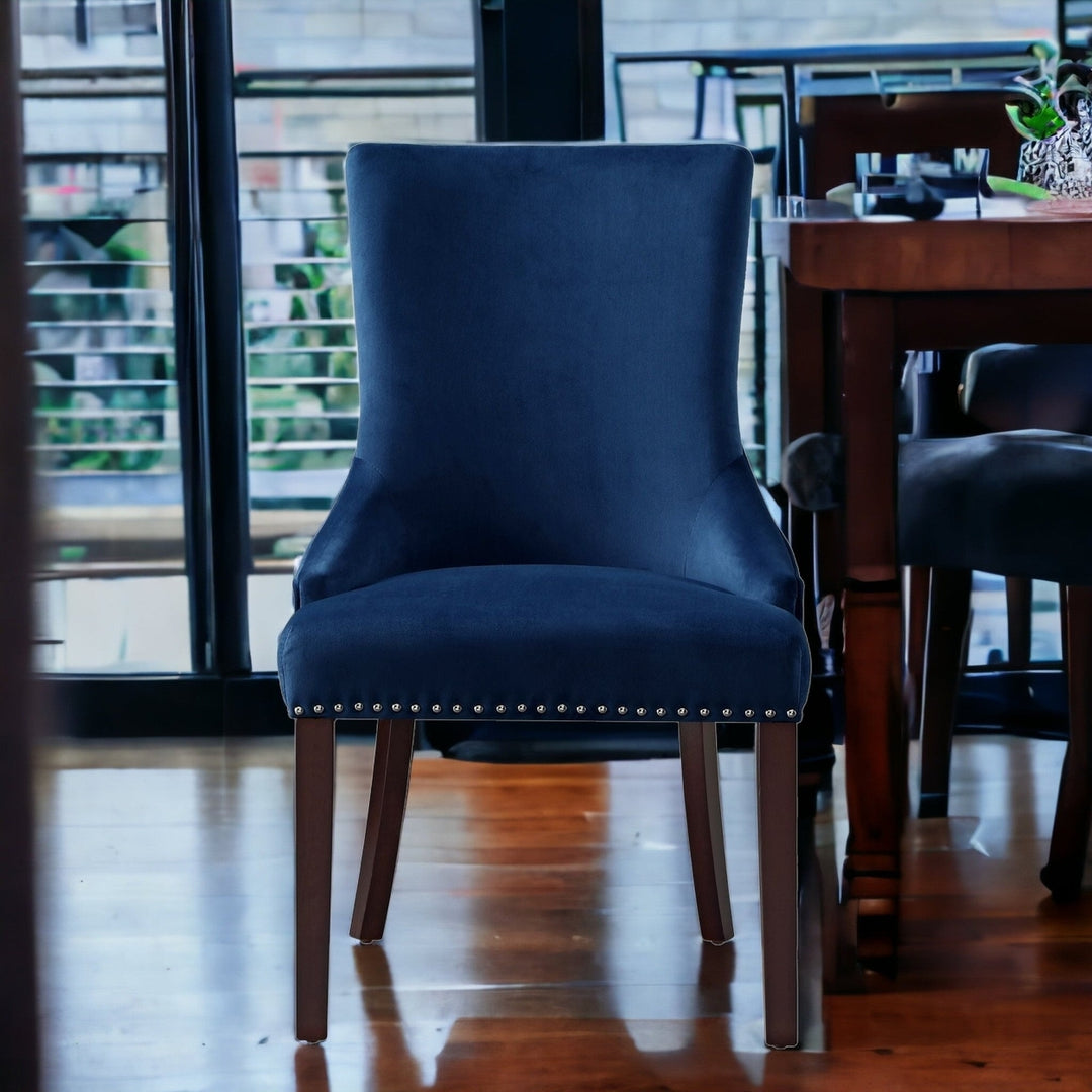 Set of Two Tufted Navy Blue and Espresso Upholstered Velvet Dining Side Chairs Image 9