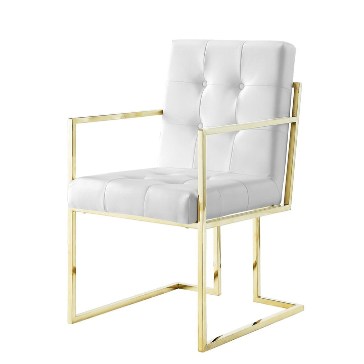 Set of Two Tufted White and Gold Upholstered Faux Leather Dining Arm Chairs Image 1