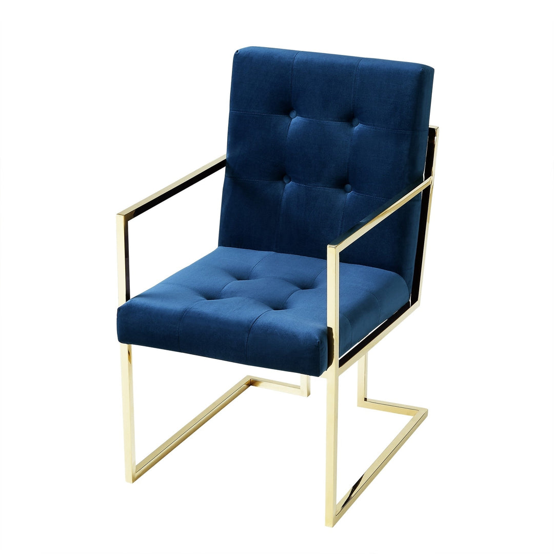 Set of Two Tufted Navy Blue and Gold Upholstered Velvet Dining Arm Chairs Image 3