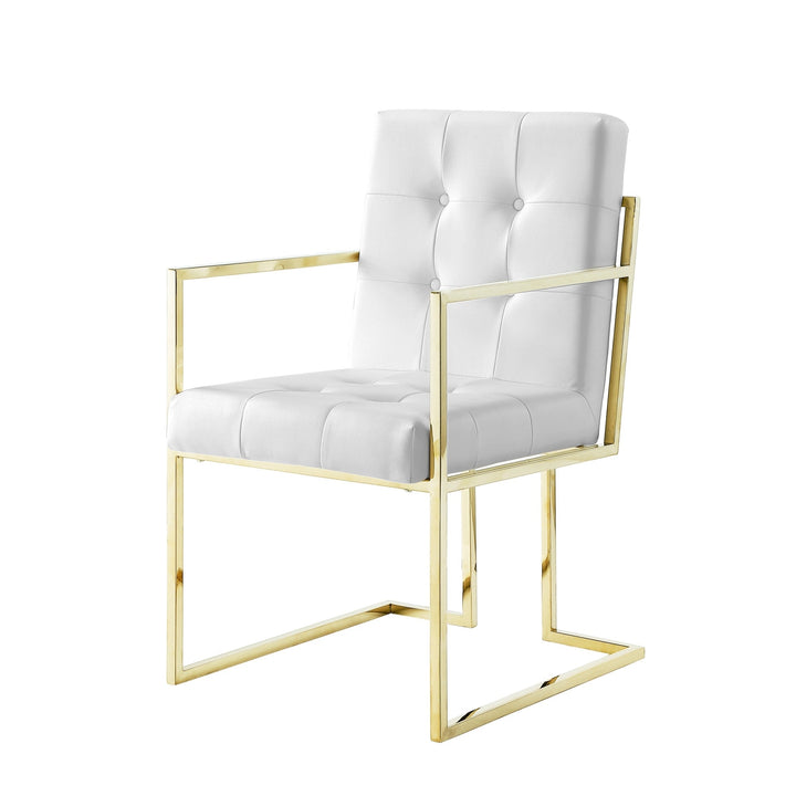 Set of Two Tufted White and Gold Upholstered Faux Leather Dining Arm Chairs Image 3