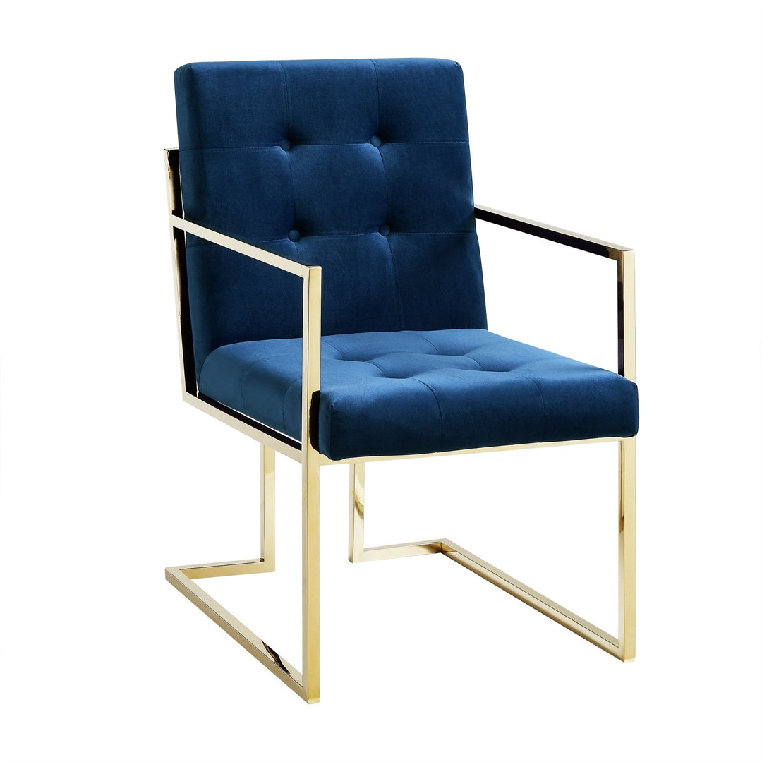 Set of Two Tufted Navy Blue and Gold Upholstered Velvet Dining Arm Chairs Image 6