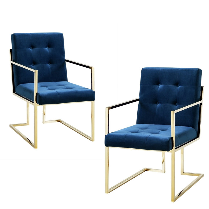 Set of Two Tufted Navy Blue and Gold Upholstered Velvet Dining Arm Chairs Image 7