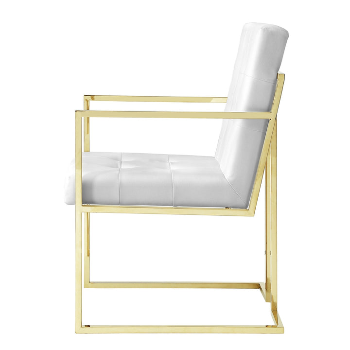 Set of Two Tufted White and Gold Upholstered Faux Leather Dining Arm Chairs Image 5