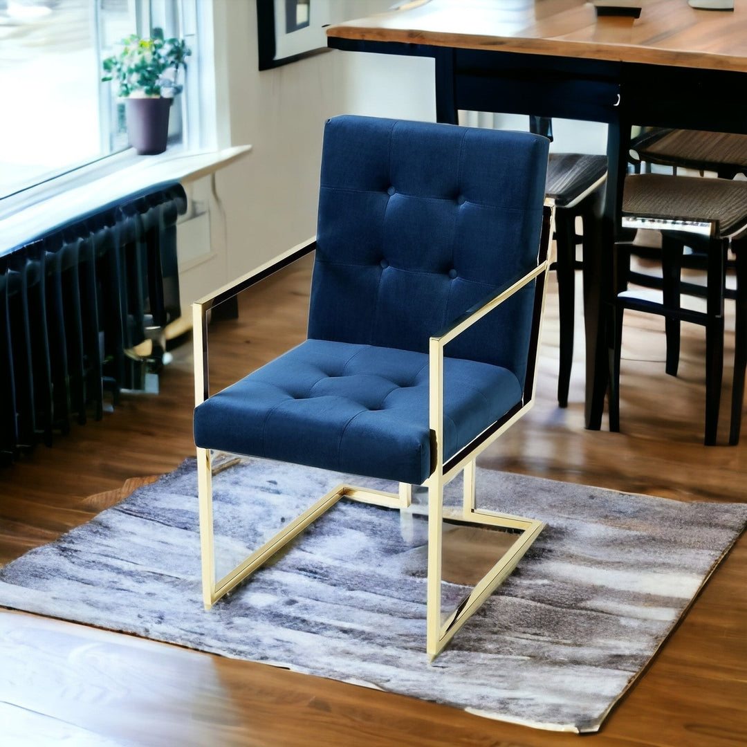 Set of Two Tufted Navy Blue and Gold Upholstered Velvet Dining Arm Chairs Image 10