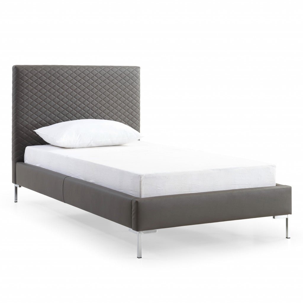 Twin Size Dark Grey Upholstered Faux Leather Bed Frame Image 1