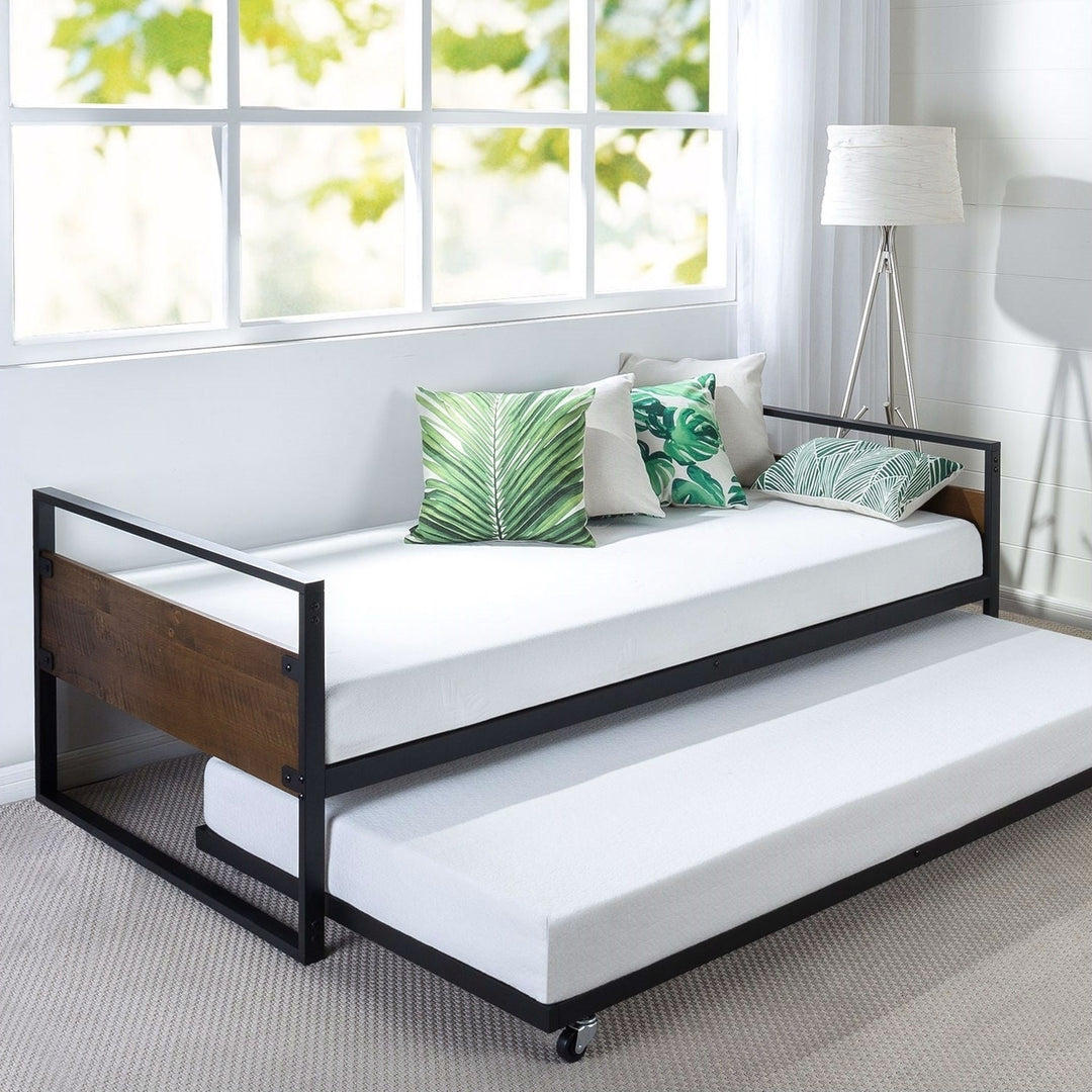 Twin size Metal Wood Daybed Frame with Roll Out Trundle Bed Image 1