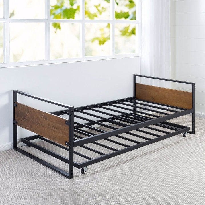 Twin size Metal Wood Daybed Frame with Roll Out Trundle Bed Image 2