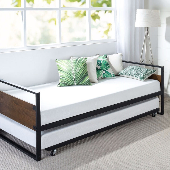 Twin size Metal Wood Daybed Frame with Roll Out Trundle Bed Image 3