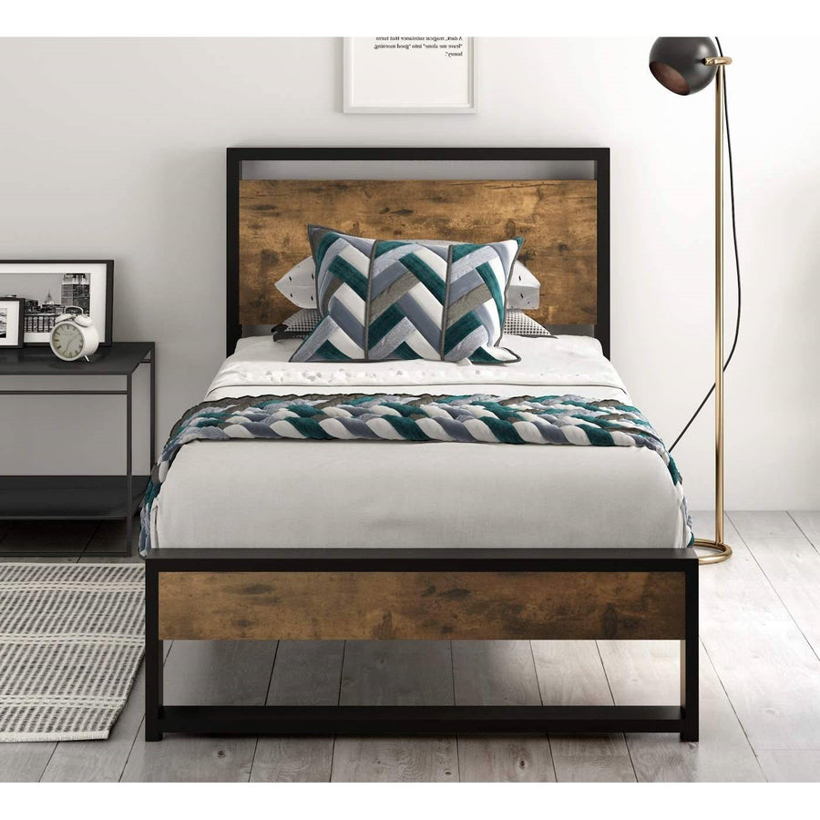 Twin size Metal Wood Platform Bed Frame with Industrial Headboard Image 1