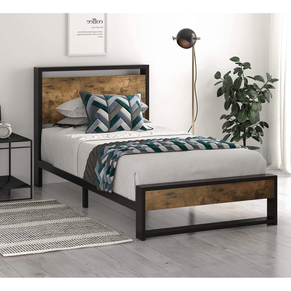 Twin size Metal Wood Platform Bed Frame with Industrial Headboard Image 2