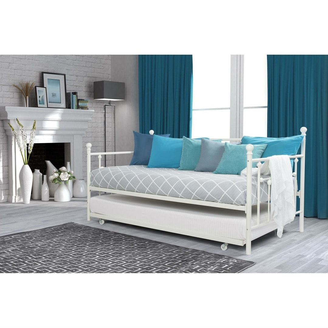 Twin size White Metal DayBed with Roll-out Trundle Bed Image 1