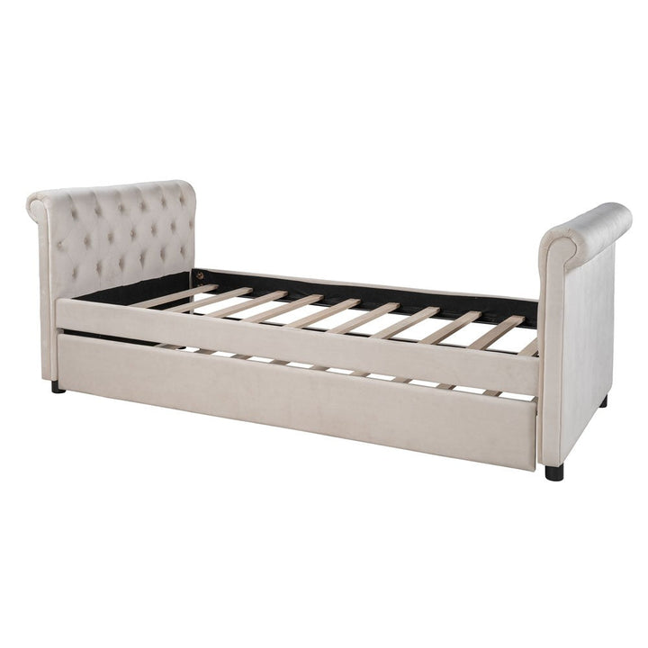 Twin Tufted Beige Upholstered Polyester Blend Bed With Trundle Image 3