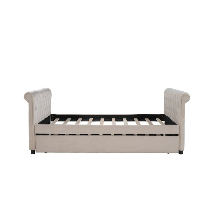 Twin Tufted Beige Upholstered Polyester Blend Bed With Trundle Image 4