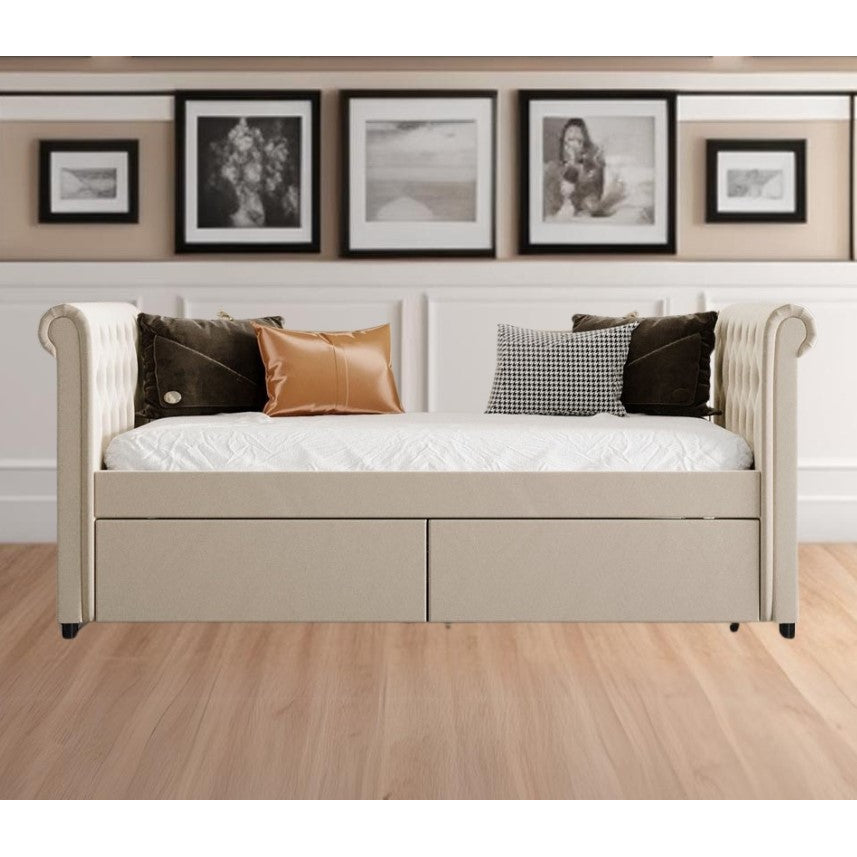 Twin Tufted Beige Upholstered Polyester Blend Bed Image 9