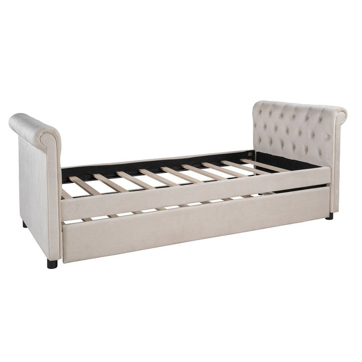 Twin Tufted Beige Upholstered Polyester Blend Bed With Trundle Image 12