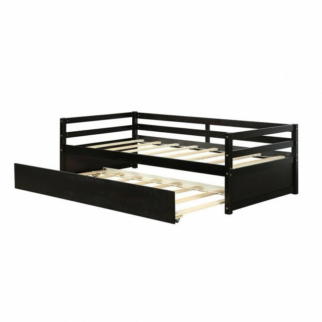 Twin/Twin Dorm Style Trundle Daybed Platform Bed Frame in Espresso Image 1