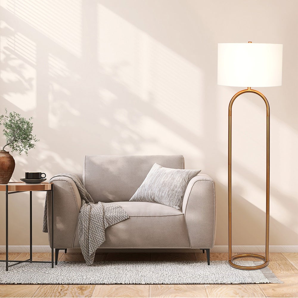 Vivid Brass Ring Base Floor Lamp with Large White Drum Shade Image 2