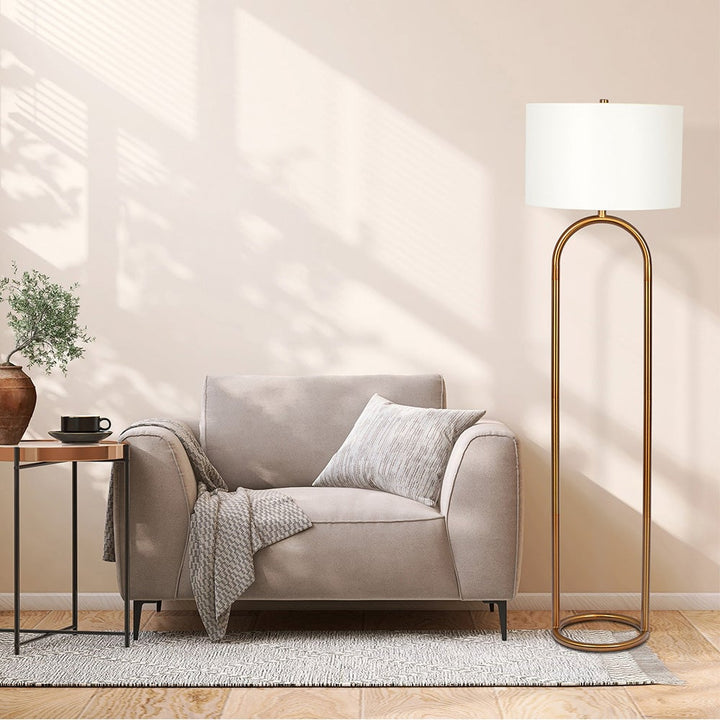 Vivid Brass Ring Base Floor Lamp with Large White Drum Shade Image 3