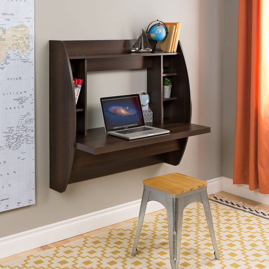 Wall Mount Space Saving Modern Laptop Computer Desk in Espresso Image 1