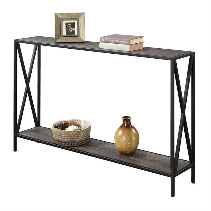 Weathered Grey Wood Console Sofa Table with Bottom Shelf and Metal Frame Image 1