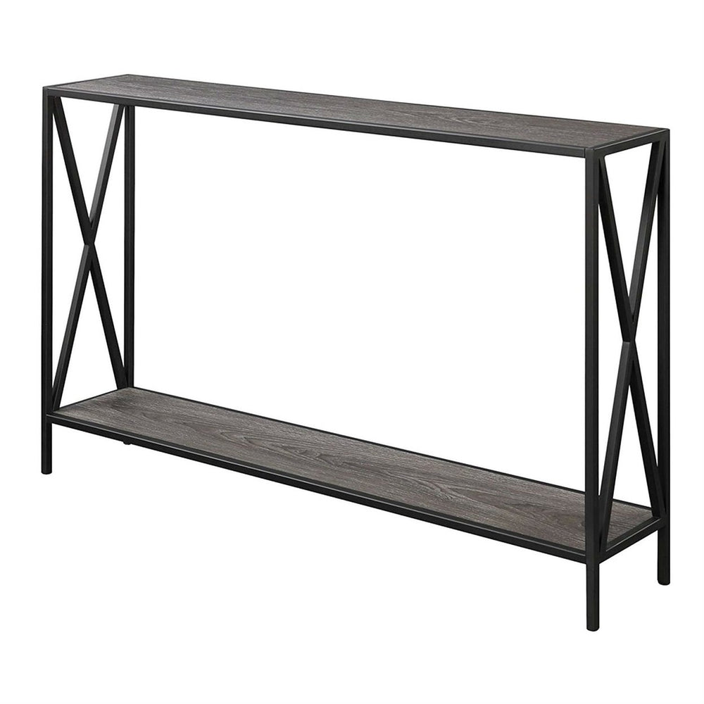 Weathered Grey Wood Console Sofa Table with Bottom Shelf and Metal Frame Image 2