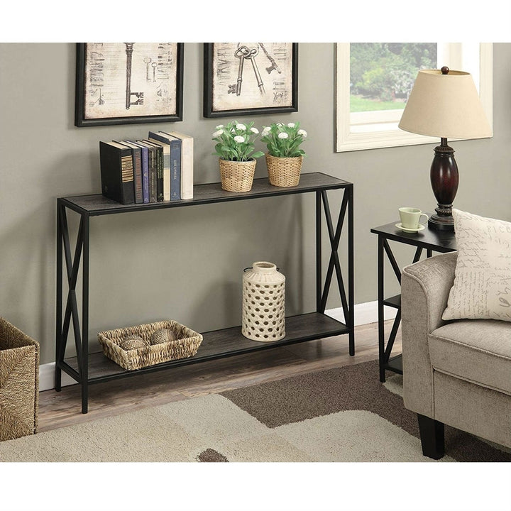 Weathered Grey Wood Console Sofa Table with Bottom Shelf and Metal Frame Image 3