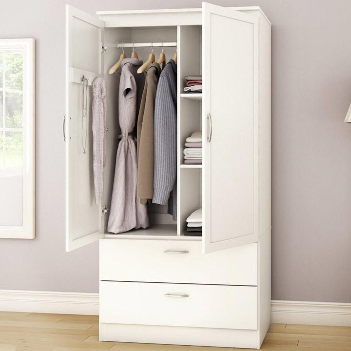 White Armoire Bedroom Clothes Storage Wardrobe Cabinet with 2 Drawers Image 1