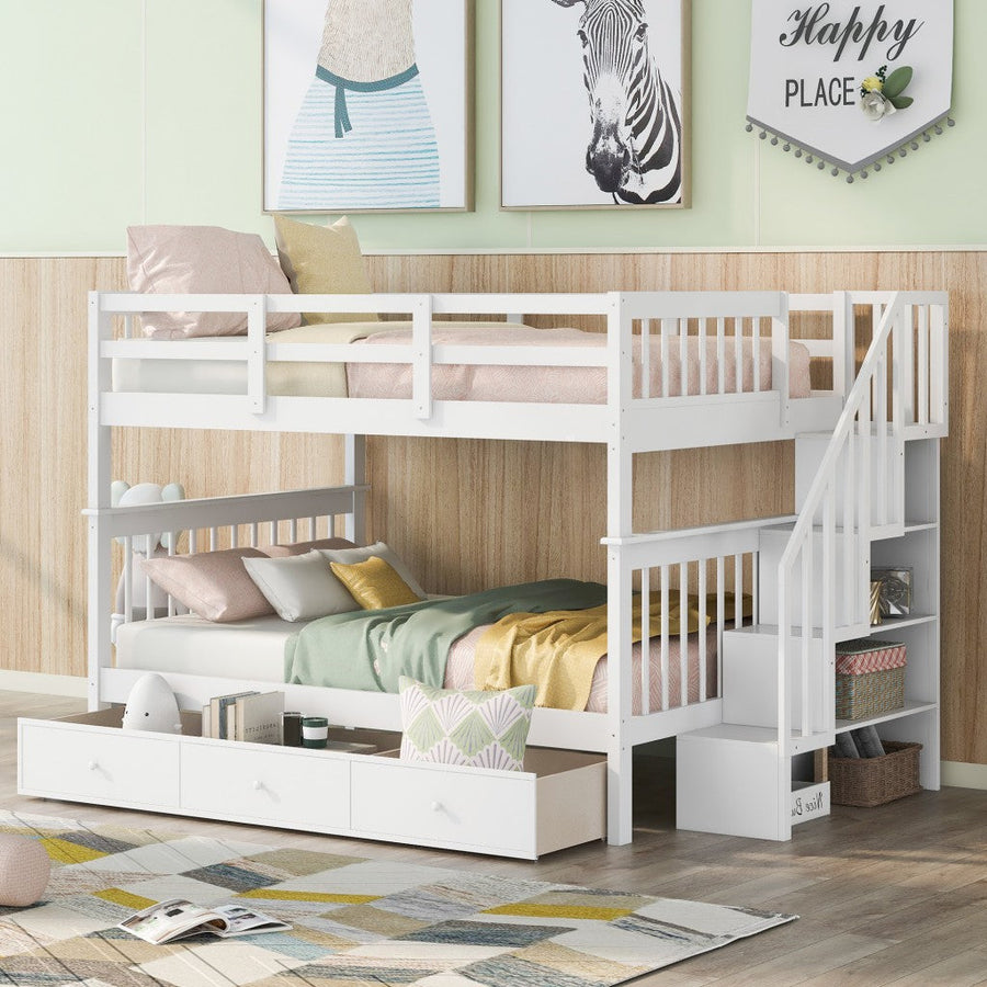 White Double Full Size Stairway Bunk Bed With Drawer Image 1