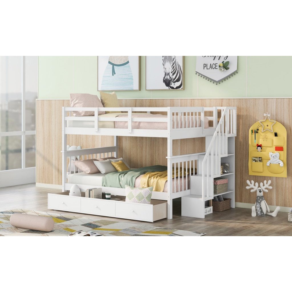 White Double Full Size Stairway Bunk Bed With Drawer Image 3