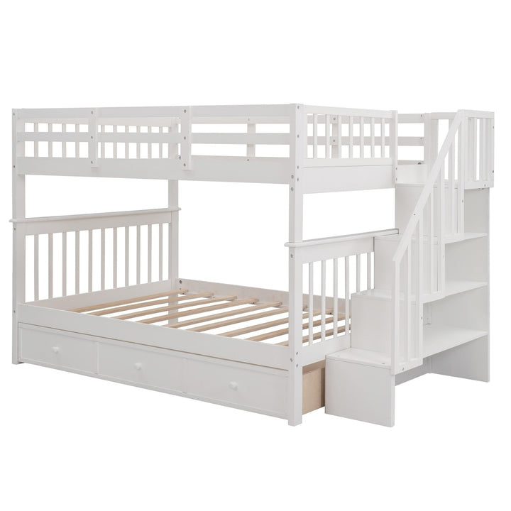 White Double Full Size Stairway Bunk Bed With Drawer Image 4