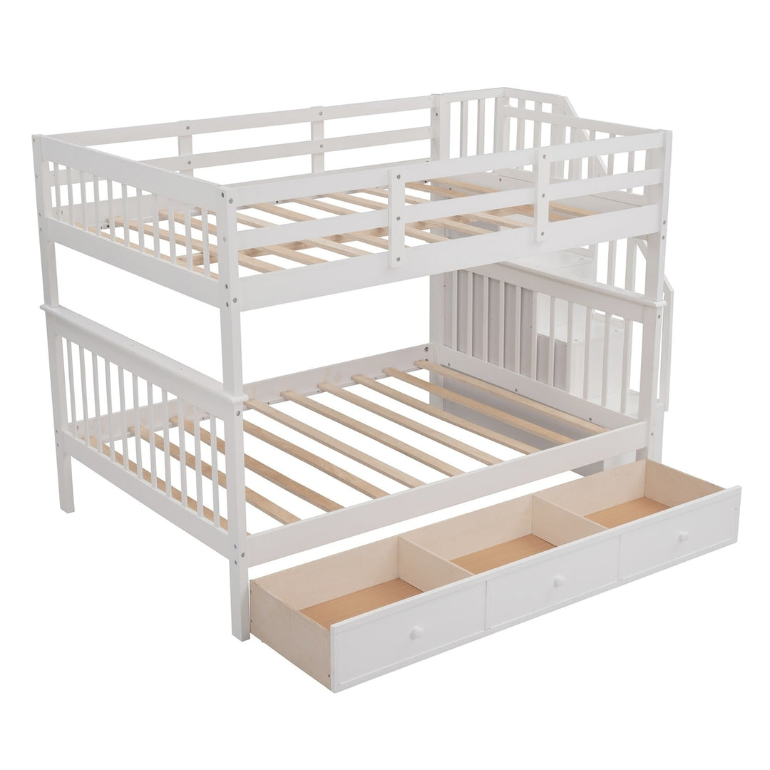 White Double Full Size Stairway Bunk Bed With Drawer Image 5