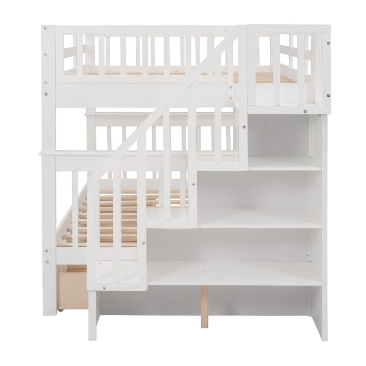 White Double Full Size Stairway Bunk Bed With Drawer Image 8