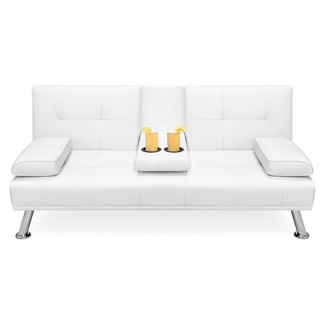 White Faux Leather Convertible Sofa Futon with 2 Cup Holders Image 1