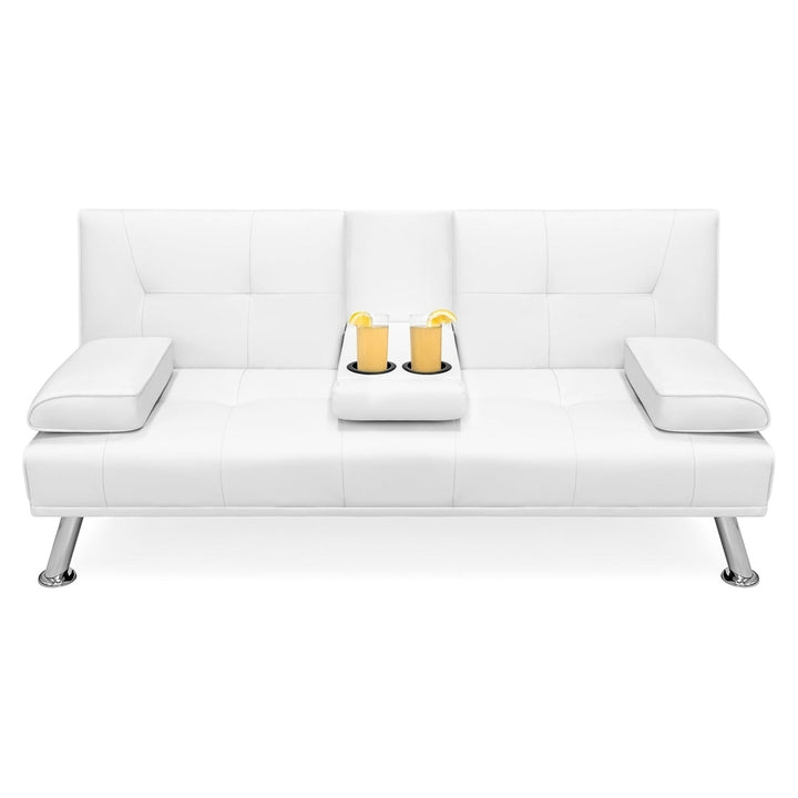 White Faux Leather Convertible Sofa Futon with 2 Cup Holders Image 1