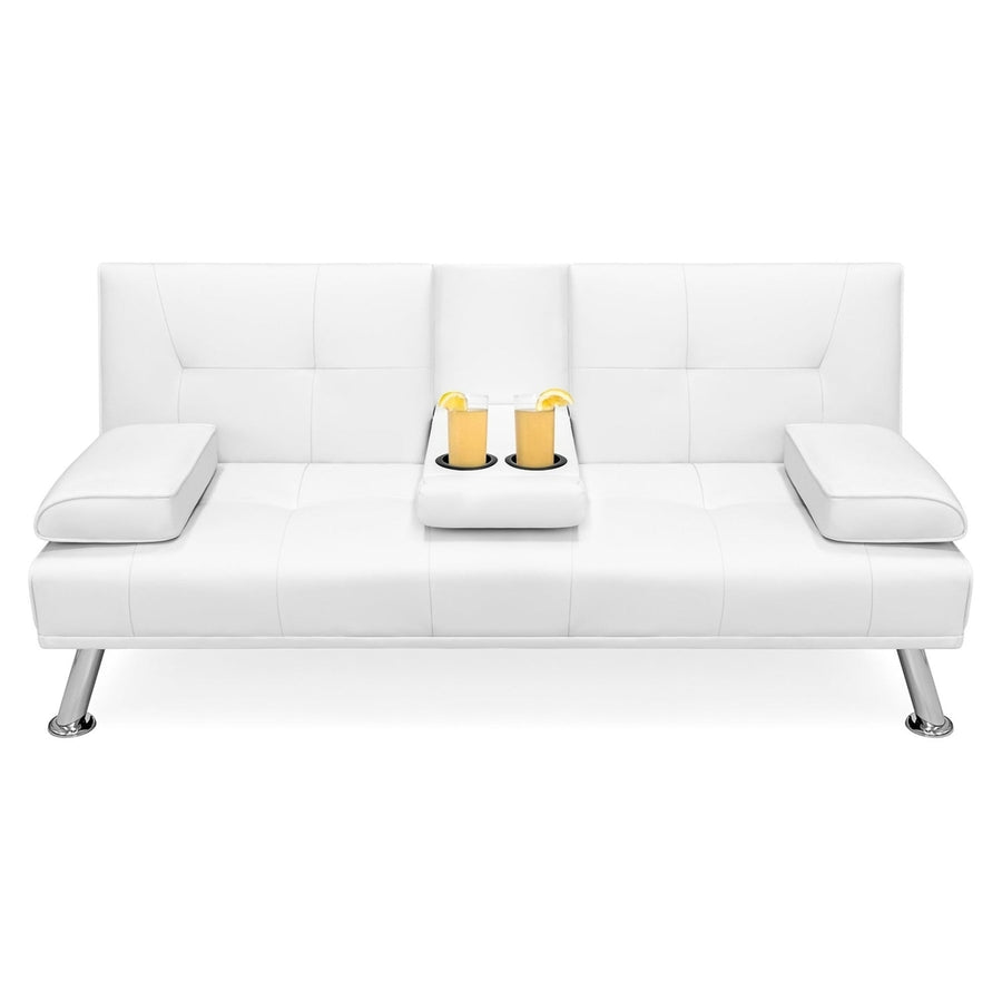 White Faux Leather Convertible Sofa Futon with 2 Cup Holders Image 1