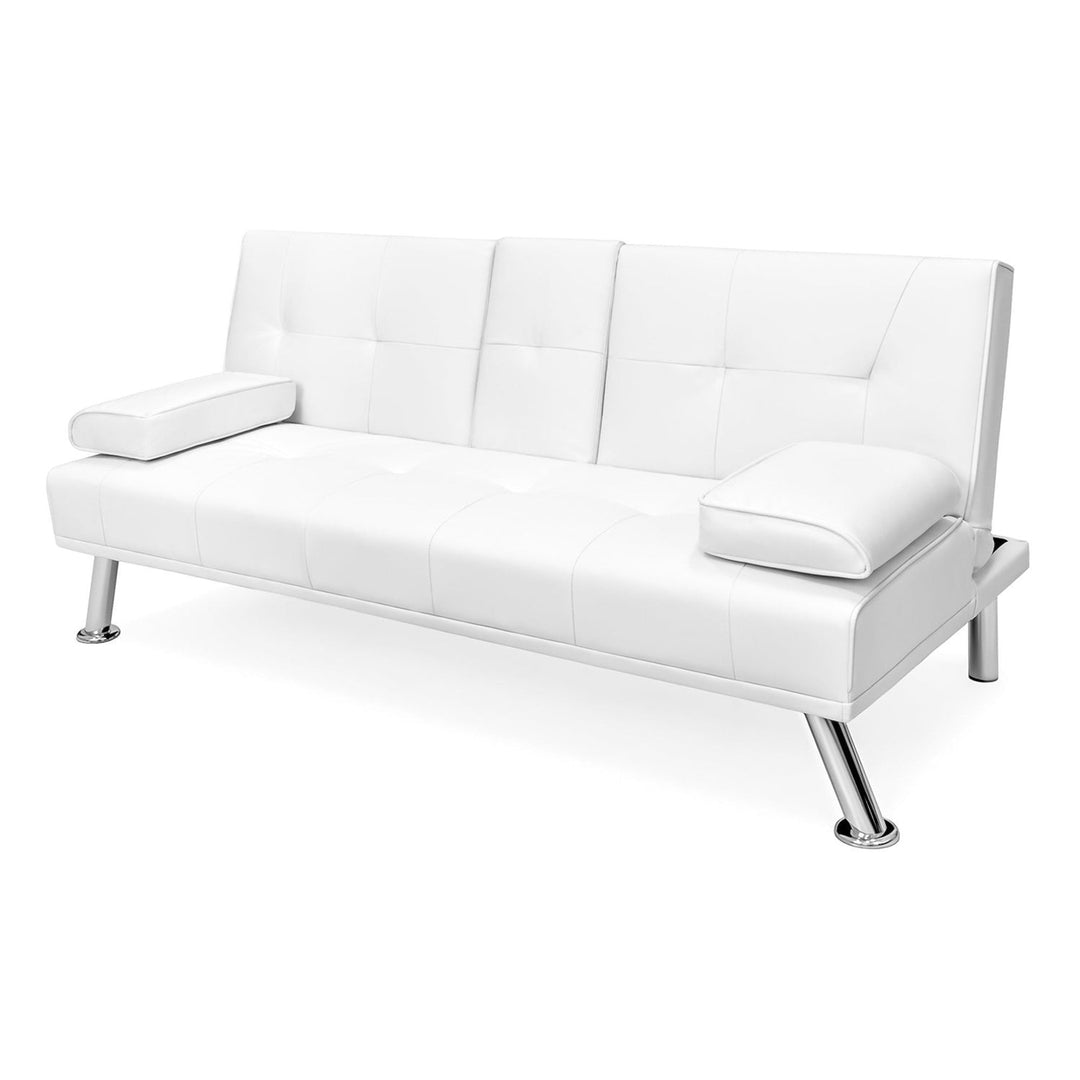 White Faux Leather Convertible Sofa Futon with 2 Cup Holders Image 3