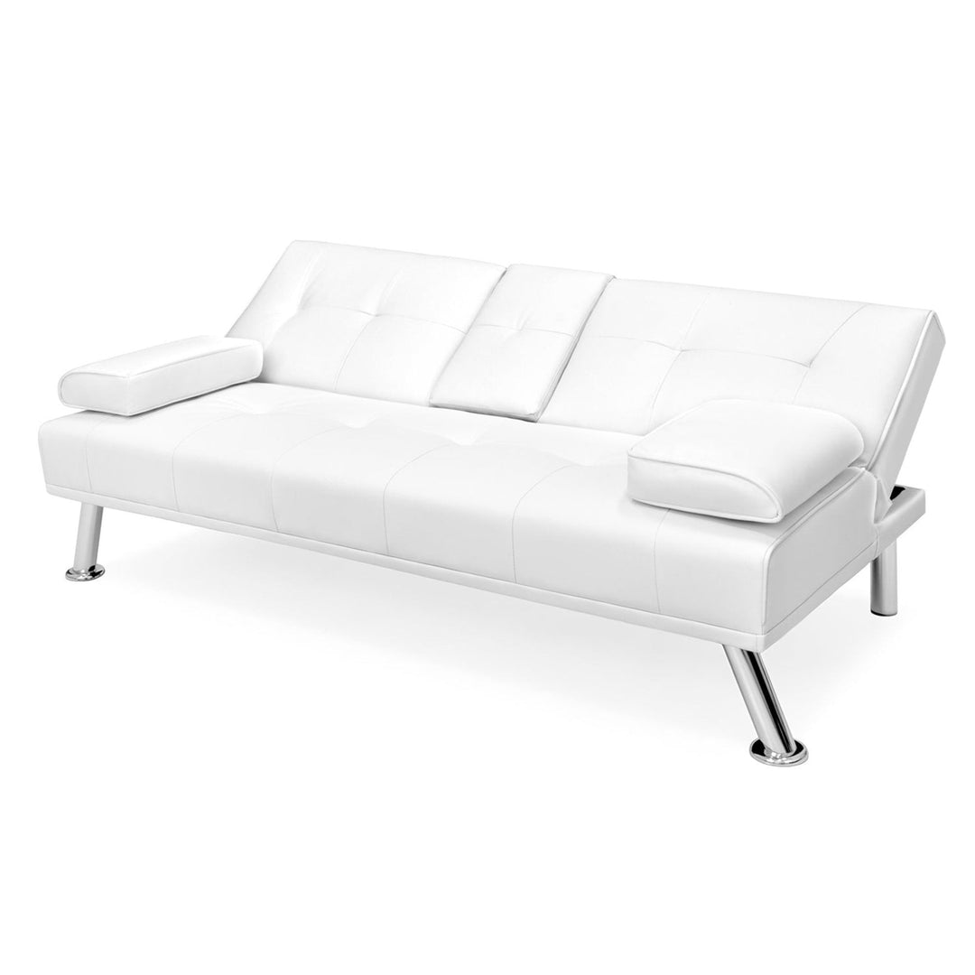 White Faux Leather Convertible Sofa Futon with 2 Cup Holders Image 4