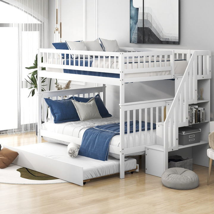 White Full Over Full Farmhouse Style Bunk Bed with Trundle and Staircase Image 1