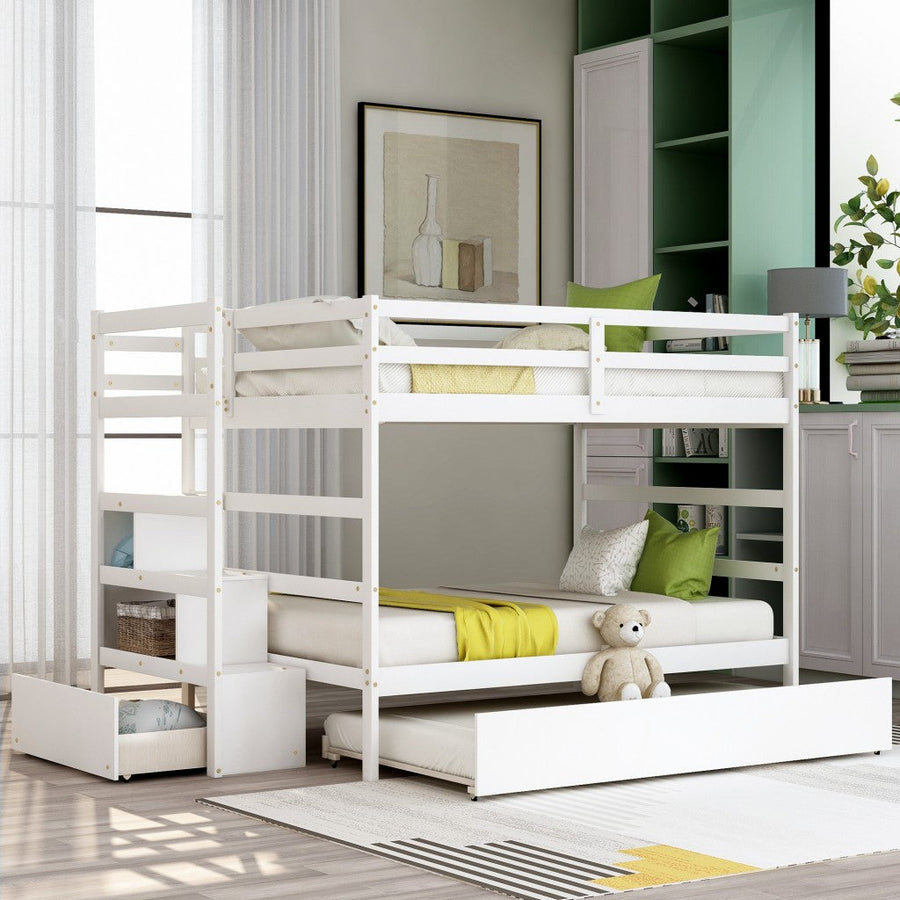 White Full Over Full Contemporary Bunk Bed With Stairs Image 1