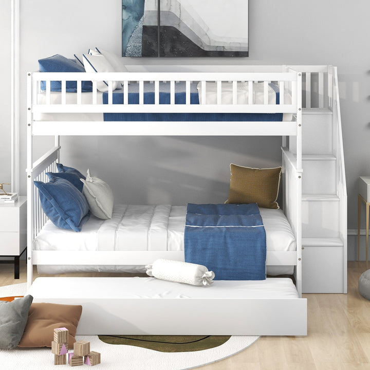 White Full Over Full Farmhouse Style Bunk Bed with Trundle and Staircase Image 3