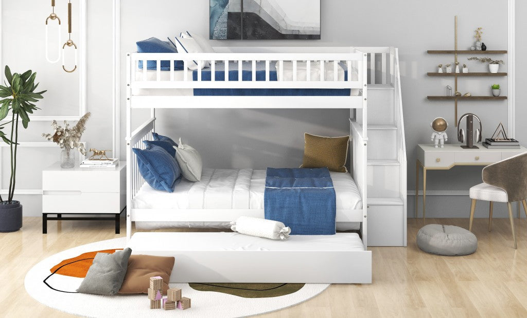 White Full Over Full Farmhouse Style Bunk Bed with Trundle and Staircase Image 4