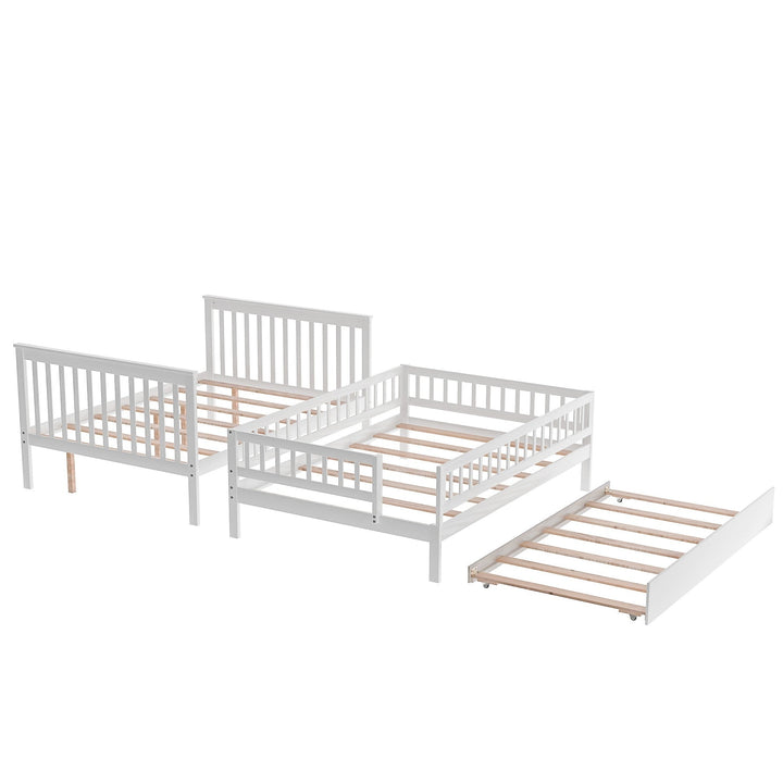 White Full Over Full Farmhouse Style Bunk Bed with Trundle and Staircase Image 5