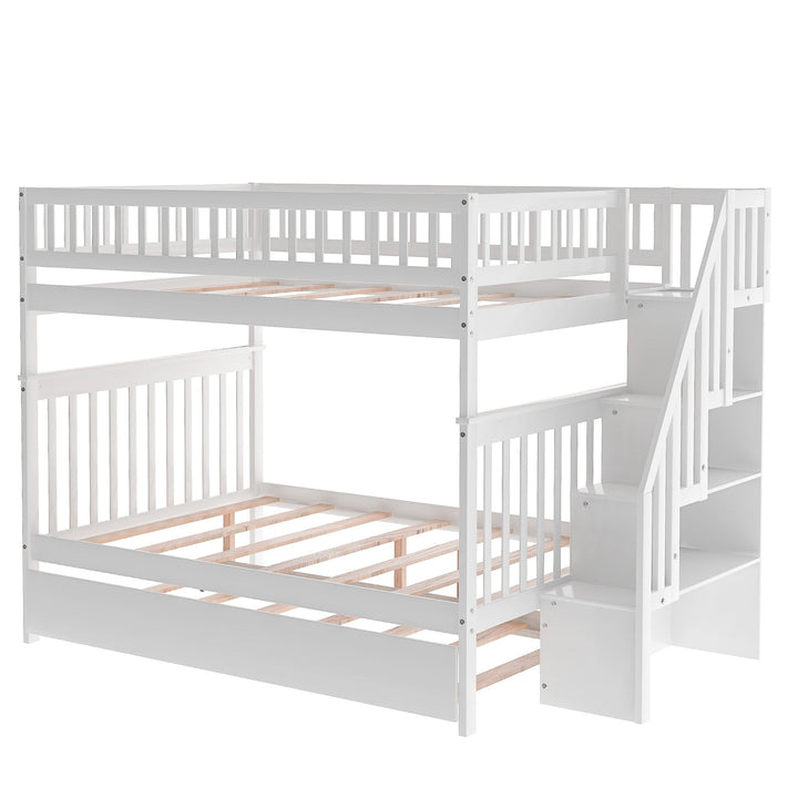 White Full Over Full Farmhouse Style Bunk Bed with Trundle and Staircase Image 6