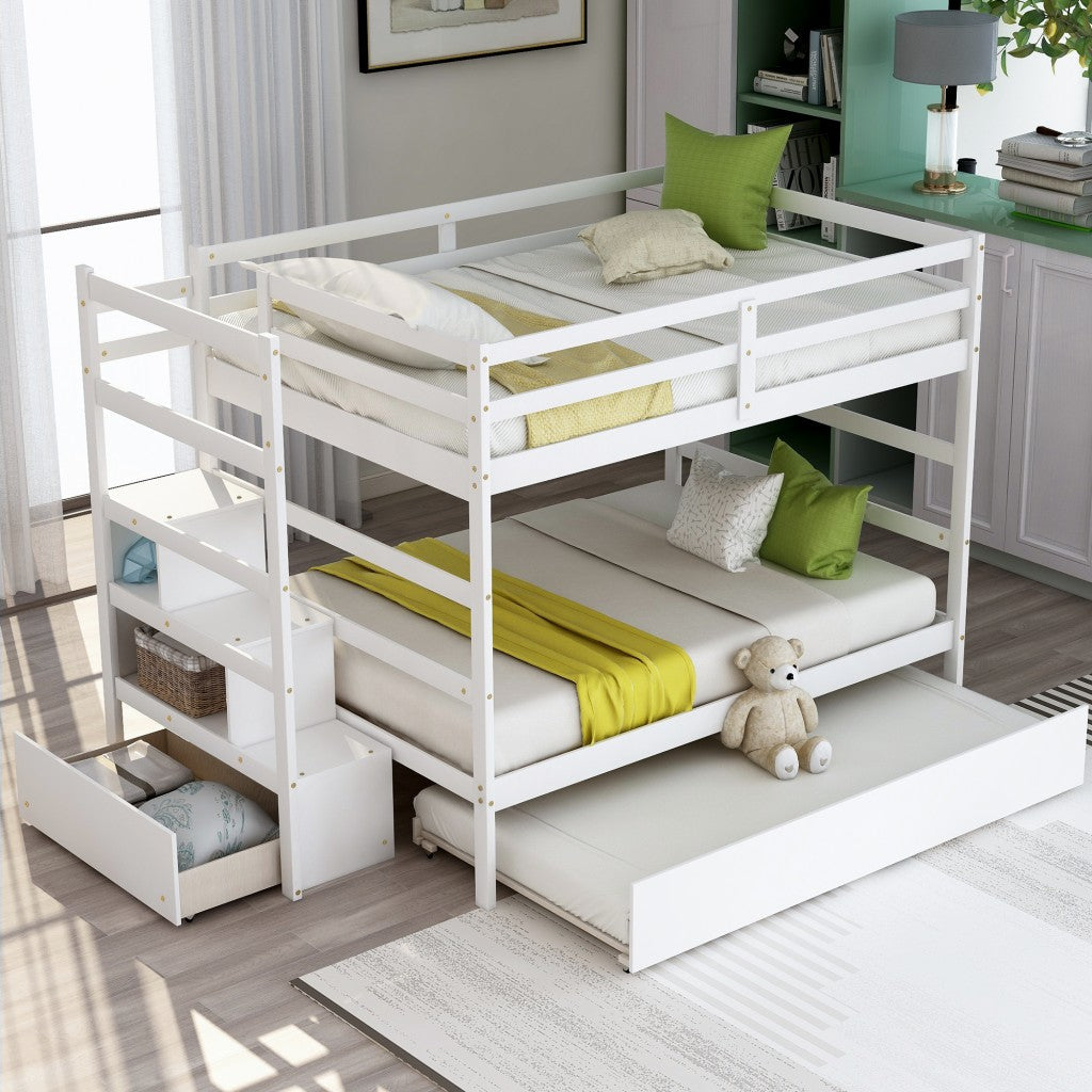 White Full Over Full Contemporary Bunk Bed With Stairs Image 3