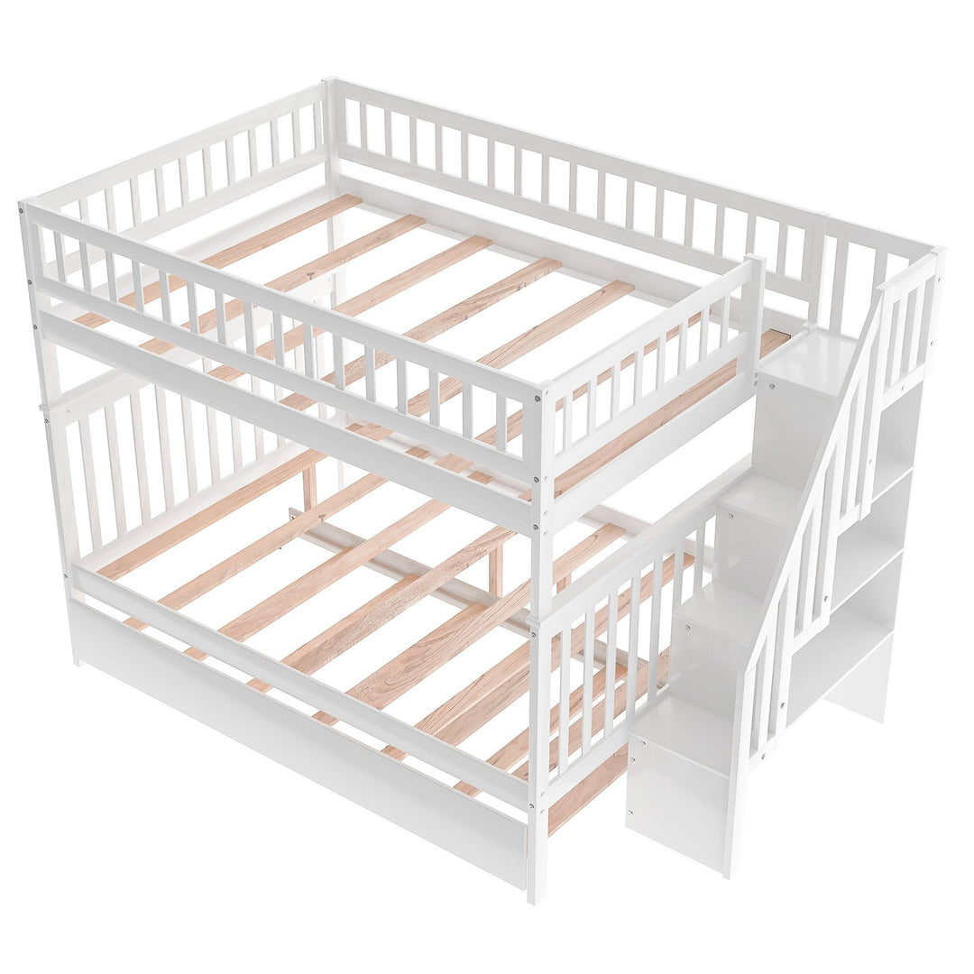 White Full Over Full Farmhouse Style Bunk Bed with Trundle and Staircase Image 7