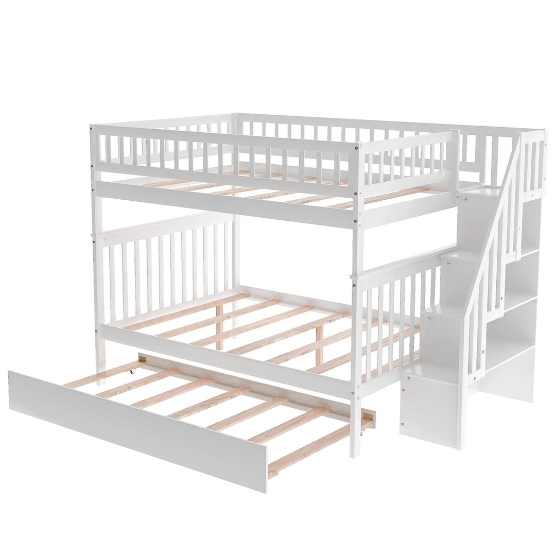 White Full Over Full Farmhouse Style Bunk Bed with Trundle and Staircase Image 8