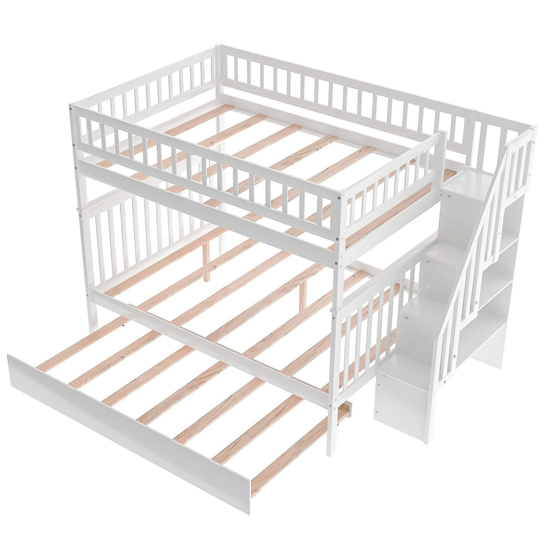 White Full Over Full Farmhouse Style Bunk Bed with Trundle and Staircase Image 9