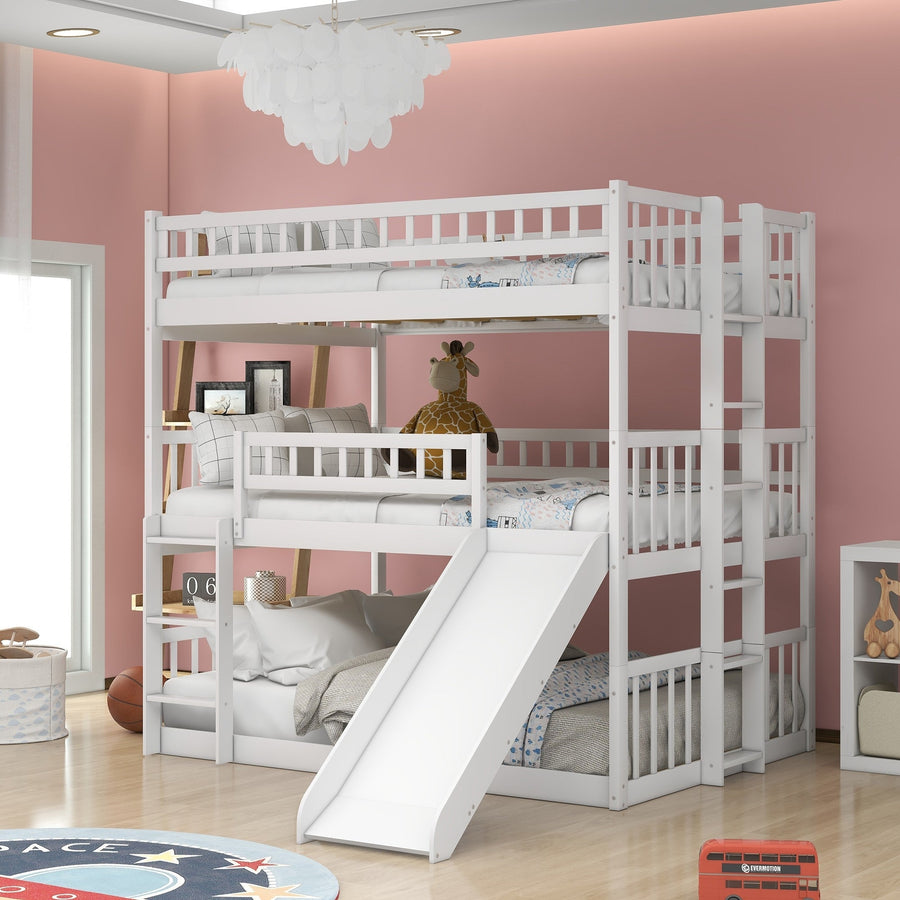 White Full Over Full Over Full Contemporary Bunk Bed With Slide Image 1