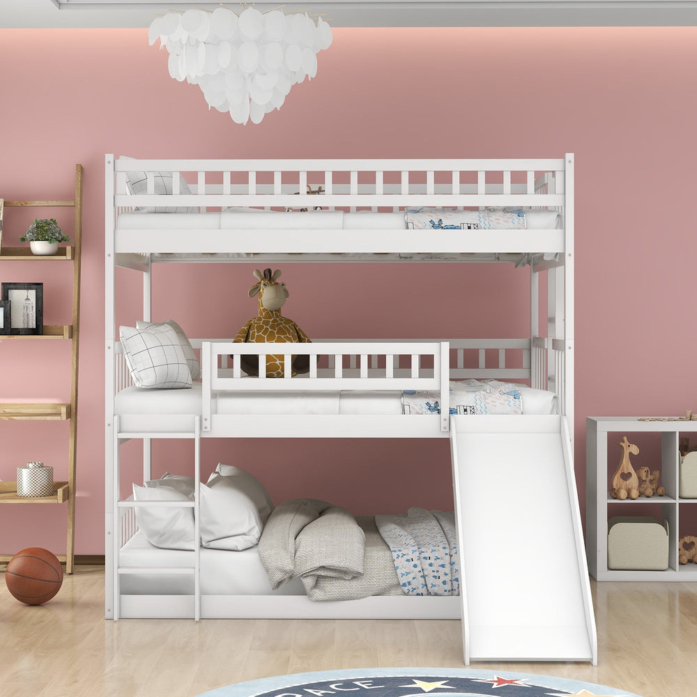 White Full Over Full Over Full Contemporary Bunk Bed With Slide Image 2