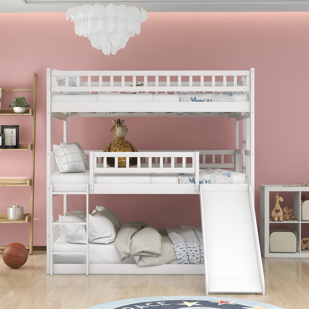 White Full Over Full Over Full Contemporary Bunk Bed With Slide Image 2